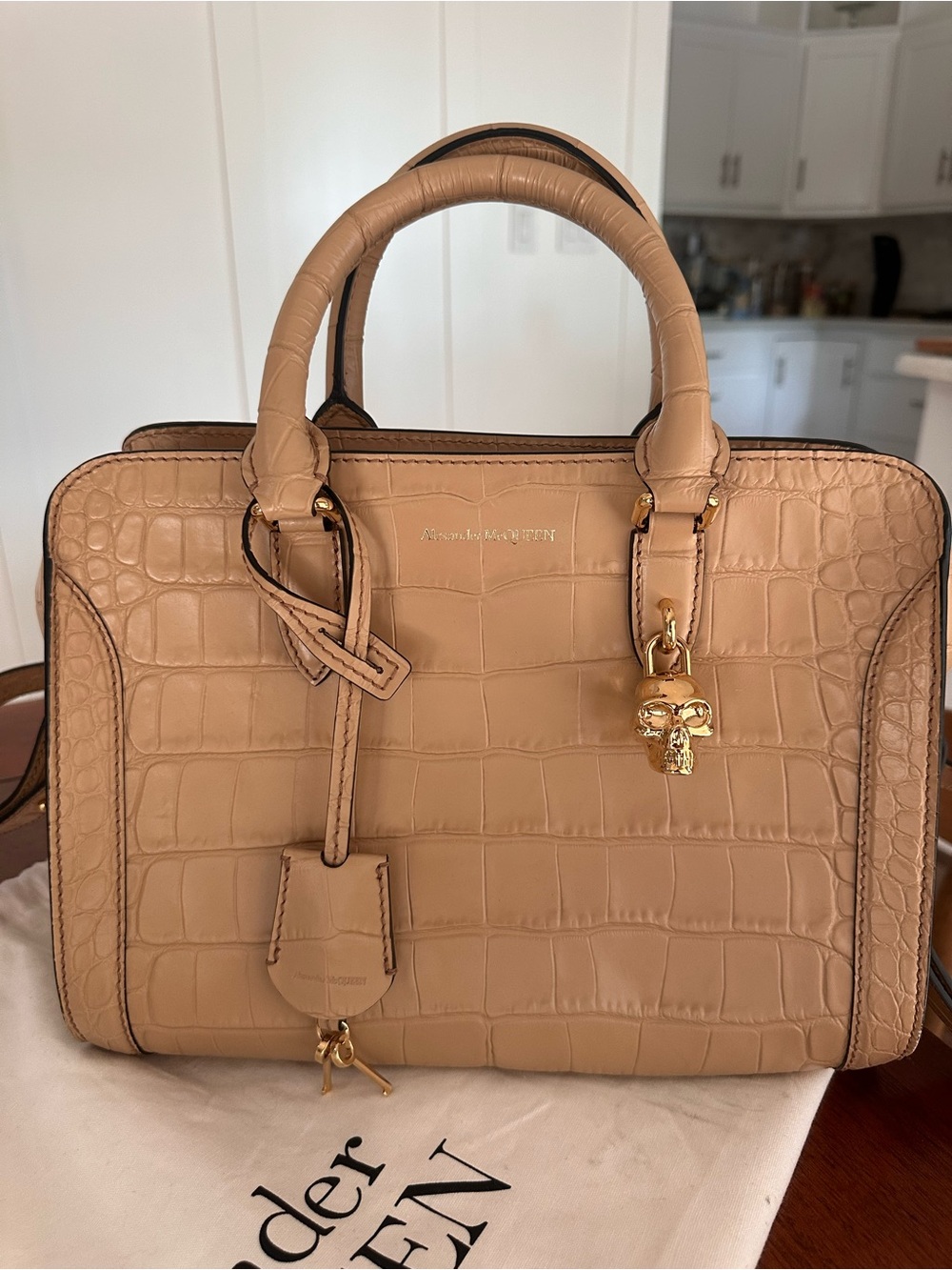 Alexander McQueen Beige Croc-Embossed Leather Satchel with Gold Skull Charm